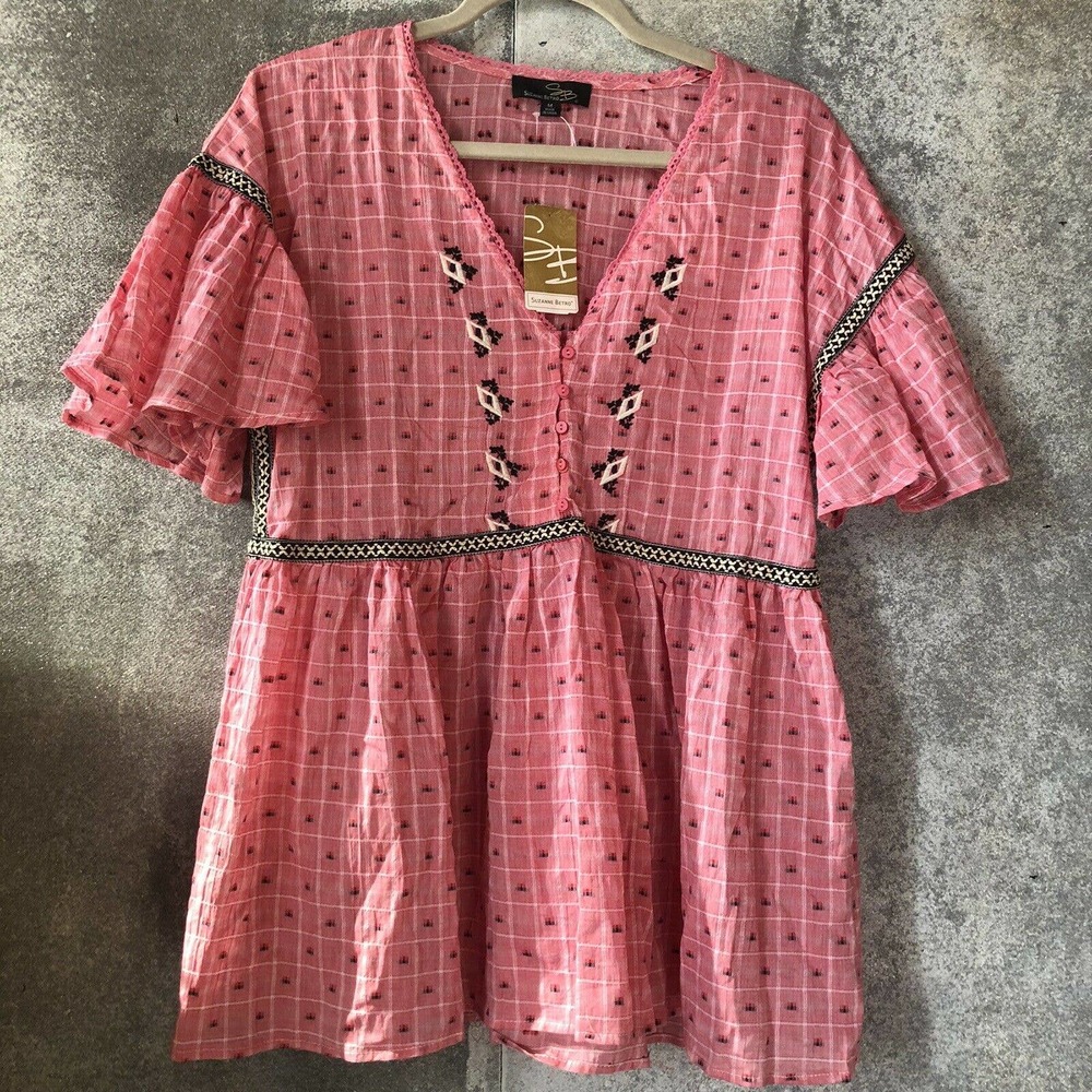 Medium NWT Suzanne Betro Red Black Cotton Top Boho